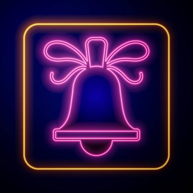 Parlayan neon ışıklı Mutlu Noeller zil ikonu siyah arka planda izole edilmiş. Alarm sembolü, servis zili, el zili işareti, uyarı. Vektör