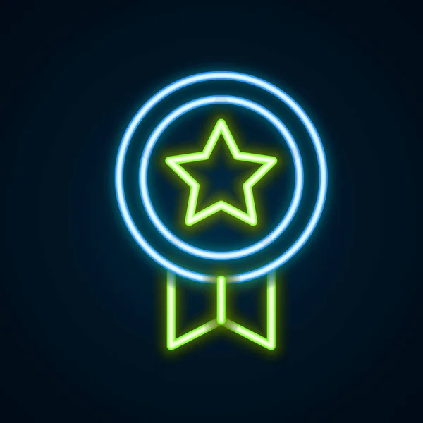 Glowing neon line Game rating with medal icon isolated on black background. Level results for game. Colorful outline concept. Vector — Stock Vector