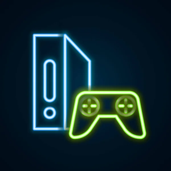 Lumineux néon ligne console de jeu vidéo avec icône joystick isolé sur fond noir. Concept de contour coloré. Vecteur — Image vectorielle