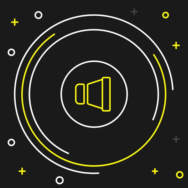 Volumen del altavoz de línea, símbolo de sonido de voz de audio, icono de música multimedia aislado sobre fondo negro. Concepto de esquema colorido. Vector — Vector de stock