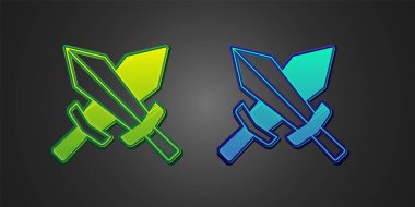 Oyun simgesi için yeşil ve mavi kılıç siyah arkaplanda izole edildi. Vektör