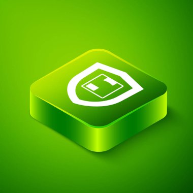 Yeşil arka planda kalkan simgesi olan Isometric Teslimat güvenliği. Teslimat sigortası. Kalkanın ötesinde sigorta kutuları var. Yeşil kare düğmesi. Vektör