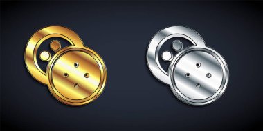 Siyah arka planda izole edilmiş kıyafet ikonu için altın ve gümüş dikiş düğmesi. Giysi düğmesi. Uzun gölge tarzı. Vektör