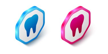 Beyaz arkaplanda Isometric Tooth simgesi izole edildi. Diş hekimliği kliniği veya diş hekimliği merkezi ve diş macunu paketi için diş sembolü. Altıgen düğmesi. Vektör