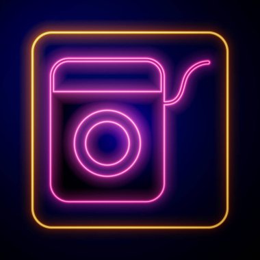 Parlayan neon diş ipi simgesi siyah arkaplanda izole edildi. Vektör