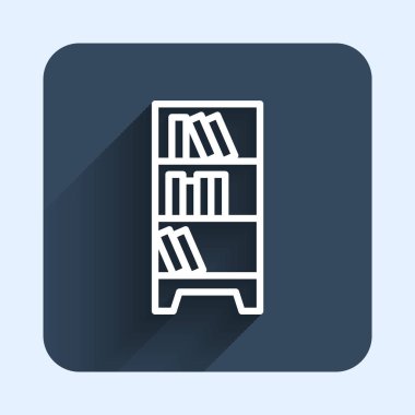 Beyaz çizgi Kütüphane kitaplığı simgesi uzun gölge arkaplanı ile izole edildi. Mavi kare düğme. Vektör