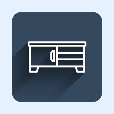 Beyaz çizgi televizyon masası simgesi uzun gölge arkaplanı ile izole edilmiş. Mavi kare düğme. Vektör