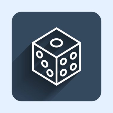 Beyaz çizgi Oyun zar simgesi uzun gölge arkaplan izole. Kumarhane kumarı. Mavi kare düğme. Vektör