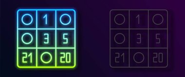 Siyah zemin üzerinde uğurlu numaralar simgesi olan parlak neon çizgili Bingo kartı. Vektör