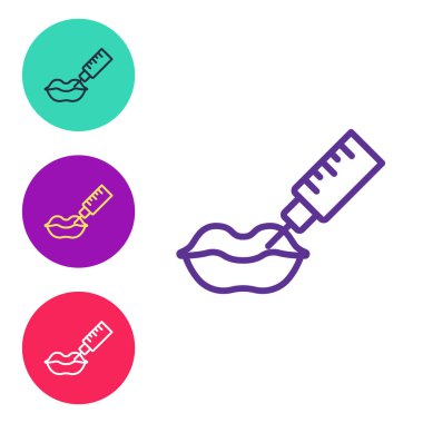 Satır Lip artırma simgesi beyaz arkaplanda izole edildi. Hyaluronik asit dudak enjeksiyonu. Estetik ameliyat. Simgeleri renklendirin. Vektör