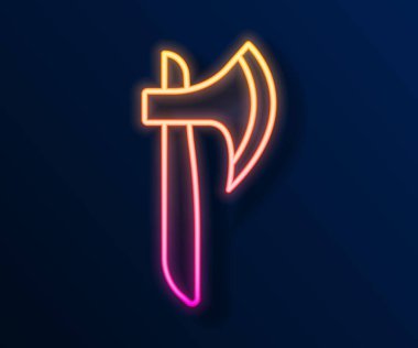 Parlayan neon hattı tahta balta ikonu siyah arkaplanda izole edildi. Oduncu baltası. Vektör