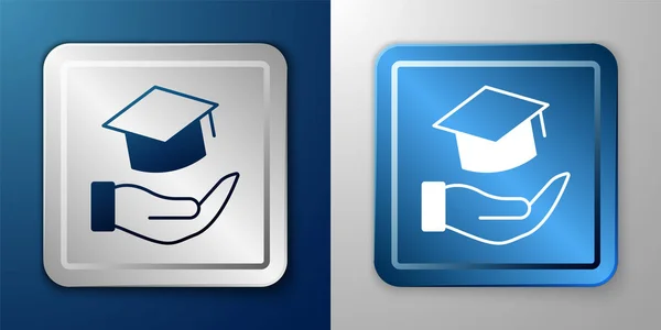 Fehér Oktatás támogatás ikon elszigetelt kék és szürke háttérrel. Tandíj, pénzügyi oktatás, költségvetési alap, ösztöndíj program, érettségi kalap. Ezüst és kék négyzet gomb. Vektor — Stock Vector