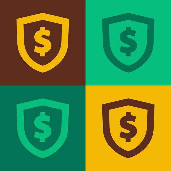 Pop konst Sköld med dollar symbol ikon isolerad på färg bakgrund. Skydd av sköldar. Pengar säkerhet koncept. Vektor — Stock vektor