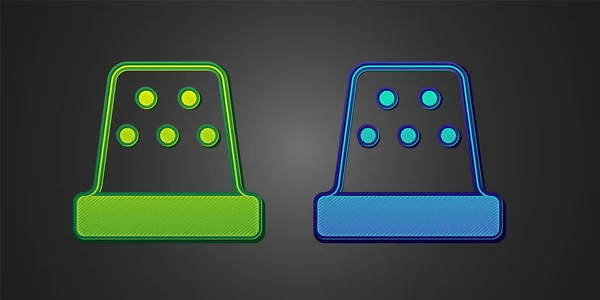 Dedo verde y azul para coser icono aislado sobre fondo negro. Vector — Vector de stock