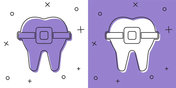 Встановити зуби з піктограмою брекетів ізольовано на білому та фіолетовому тлі. Вирівнювання укусу зубів, зубний ряд з брекетами. Стоматологічна концепція. Векторні — стоковий вектор
