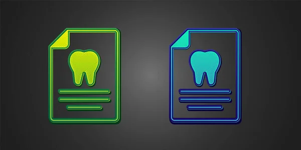 Grünes und blaues Klemmbrett mit Zahnarztkarte oder Patientenakte auf schwarzem Hintergrund. Zahnzusatzversicherungen. Zahnklinikbericht. Vektor — Stockvektor