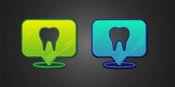 Green and blue Dental clinic location icon isolated on black background. Vector — Stock Vector