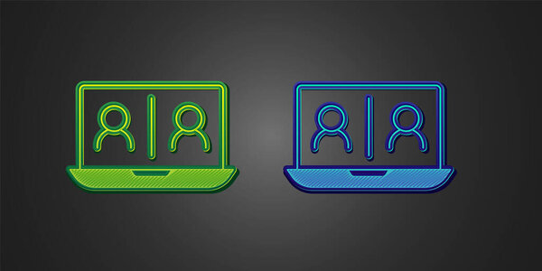 Green and blue Video chat conference icon isolated on black background. Online meeting work form home. Remote project management. Vector