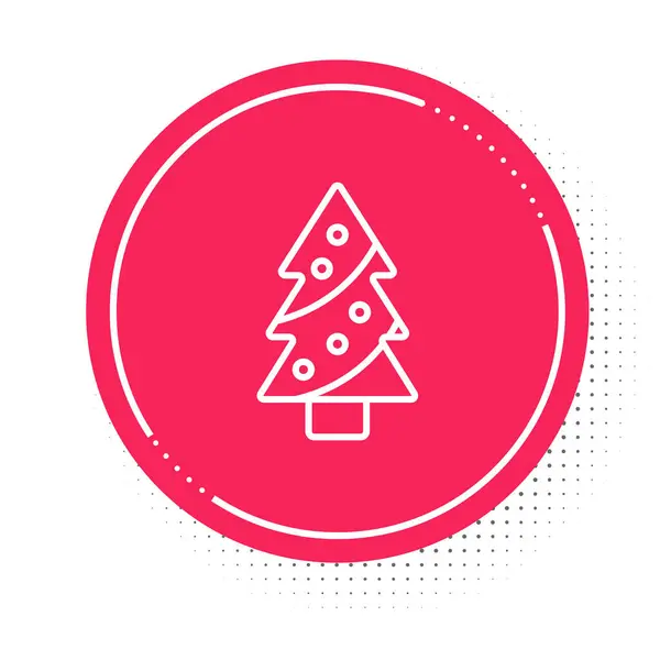 Árbol de Navidad de línea blanca con icono de decoraciones aislado sobre fondo blanco. Feliz Navidad y Feliz Año Nuevo. Botón círculo rojo. Vector — Archivo Imágenes Vectoriales