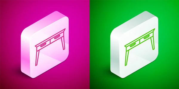 Isometrica icona scrivania linea Office isolato su sfondo rosa e verde. Pulsante quadrato argento. Vettore — Vettoriale Stock