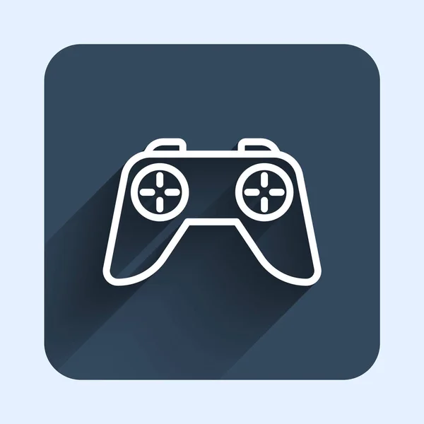 Ligne blanche manette de jeu ou joystick pour console de jeu icône isolée avec fond d'ombre longue. Bouton carré bleu. Vecteur — Image vectorielle