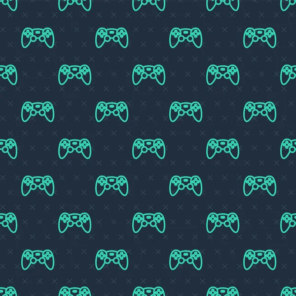 Zielona linia Kontroler gry lub joystick dla ikony konsoli gier odizolowany płynny wzór na niebieskim tle. Wektor — Wektor stockowy