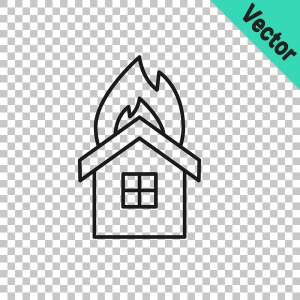 Línea negra Fuego en el icono de la casa en llamas aislado sobre fondo transparente. Concepto de seguro. Seguridad, seguridad, protección, concepto de protección. Vector — Vector de stock