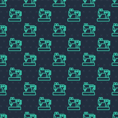 Yeşil çizgi dikiş makinesi simgesi mavi arkaplanda izole edilmiş pürüzsüz desen. Vektör