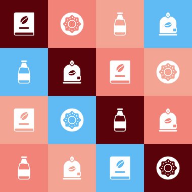 Pop Art Kahve Kitabı, Donut, Süt Şişesi ve Torba Kahve Fasulyesi ikonu hazırla. Vektör