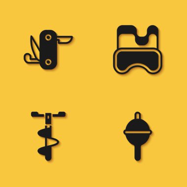 İsviçre çakısı, balıkçı şamandırası, El buzu matkabı ve uzun gölgeli dalış maskesi ikonu koyun. Vektör