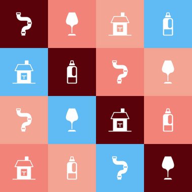 Pop sanat endüstrisi metalik pipoyu, şarap bardağını deterjan ikonu olarak House ve Bottle 'ı ayarla. Vektör