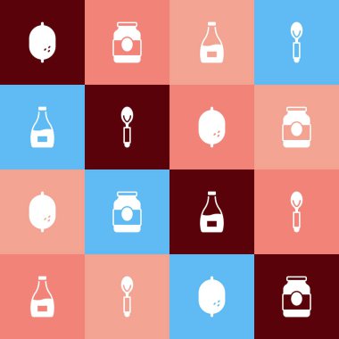 Pop sanat eseri limon, reçel kavanozu, sos şişesi ve kaşık ikonu hazırla. Vektör