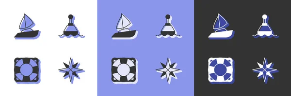 Set Rosa de viento, Velero de yate, Lifebuoy y flotante icono. Vector — Vector de stock