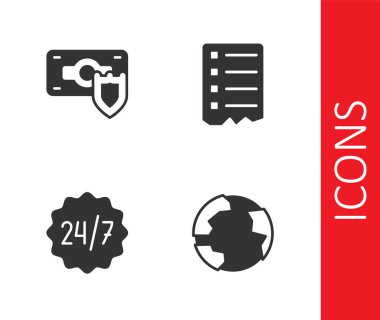 Dünya çapında, kalkanlı para, 24 saat saat saat ve alışveriş listesi simgesi ayarla. Vektör