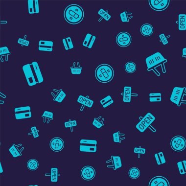 Kredi kartını, alışveriş sepetini, şifreli para birimini, Bitcoin ve Hanging tabelasını kusursuz desenli metin açık olarak ayarla. Vektör