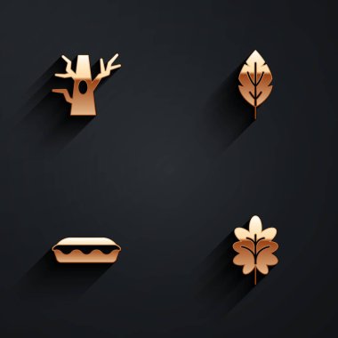 Çıplak ağaç, Yaprak, ev yapımı turta ve uzun gölgeli ikon. Vektör