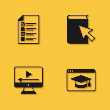 Çevrimiçi quiz, test, anket, eğitim, video ve kitap ikonunu uzun gölgeli oynayın. Vektör