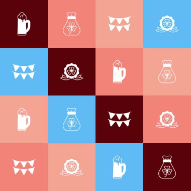 Pop Art Glass bira, yoncalı para çantası, karnaval bayrakları ve madalya ikonu hazırla. Vektör