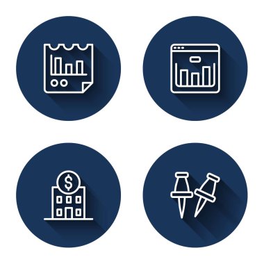 Grafik grafikli çizgi dökümanı, borsa tarayıcısı, banka binası ve uzun gölgeli Push pimi. Mavi daire düğmesi. Vektör