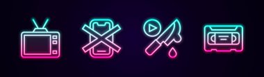 Retro TV seti, cep telefonu yok, Thriller filmi ve VHS video kaseti. Parlayan neon ikonu. Vektör