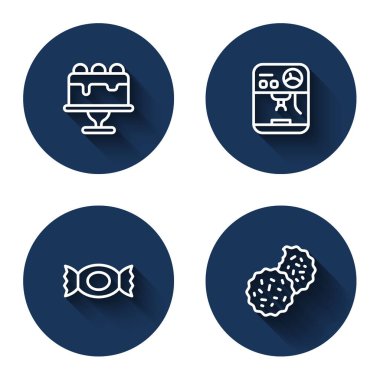 Çizgi pasta, kahve makinesi, şeker ve kurabiye ya da uzun gölgeli bisküvi. Mavi daire düğmesi. Vektör