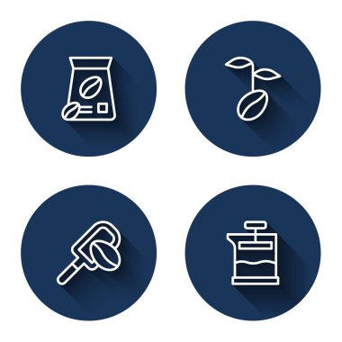 Kahve çekirdekleri, kahve poşeti, tahıllı Spatula ve uzun gölgeli Fransız presi. Mavi daire düğmesi. Vektör