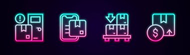 Çizgi ev teslimat hizmetleri, belge takip işaretleyicisi, karton kutular palet ve karton karton. Parlayan neon ikonu. Vektör
