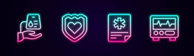 Kan bağışı, bağışıklık sistemi, hasta kaydı ve kardiyogramlı monitör ayarlayın. Parlayan neon ikonu. Vektör