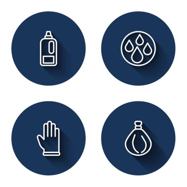 Deterjan için şişe, su damlası, lastik eldiven ve uzun gölgeli çöp torbası. Mavi daire düğmesi. Vektör