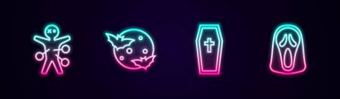 Sıra Voodoo bebeği, Ay ve yıldızlar, Hristiyan haçlı tabutlar ve komik korkunç hayalet maskesi. Parlayan neon ikonu. Vektör
