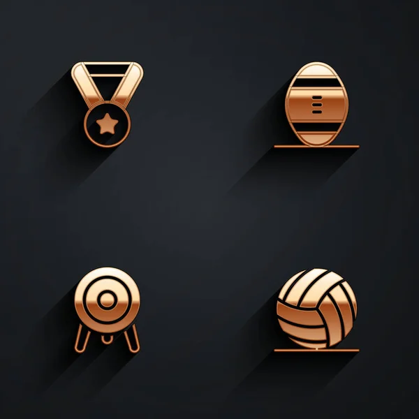 Establecer la medalla, pelota de fútbol americano, el deporte objetivo y el icono de voleibol con sombra larga. Vector — Vector de stock