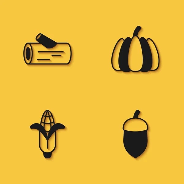 Set Wooden log, Acorn, Corn and Pumpkin icon dengan bayangan panjang. Vektor - Stok Vektor