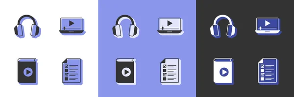 Set Online quiz, test, survey, Headphones, Audio book and play video icon. Vector — Stock Vector