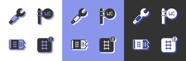 Set Online ticket booking, Wrench spanner, Train and Toilet icon. Vector — Stock Vector